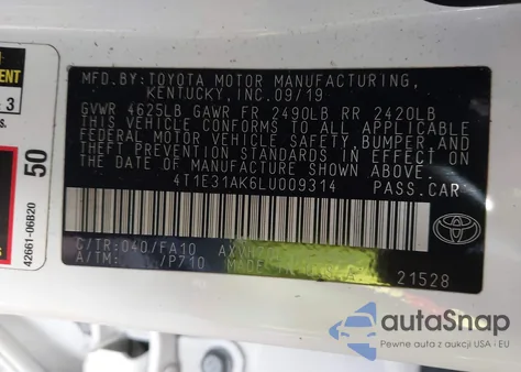 2020 Toyota Camry Le Hybrid z USA, uszkodzony, nr VIN 4T1E31AK6LU009314